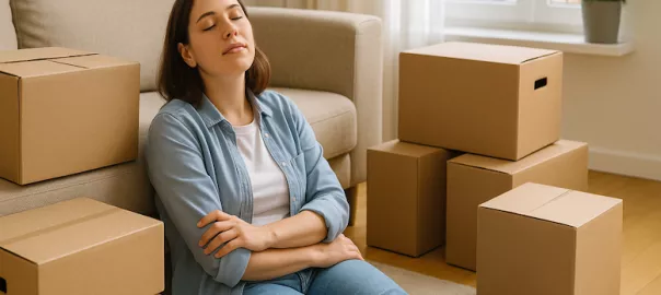 “Person sitter och vilar bland flyttlådor i en lugn miljö – symboliserar paus och återhämtning mitt i flyttprocessen för en mer stressfri flytt”